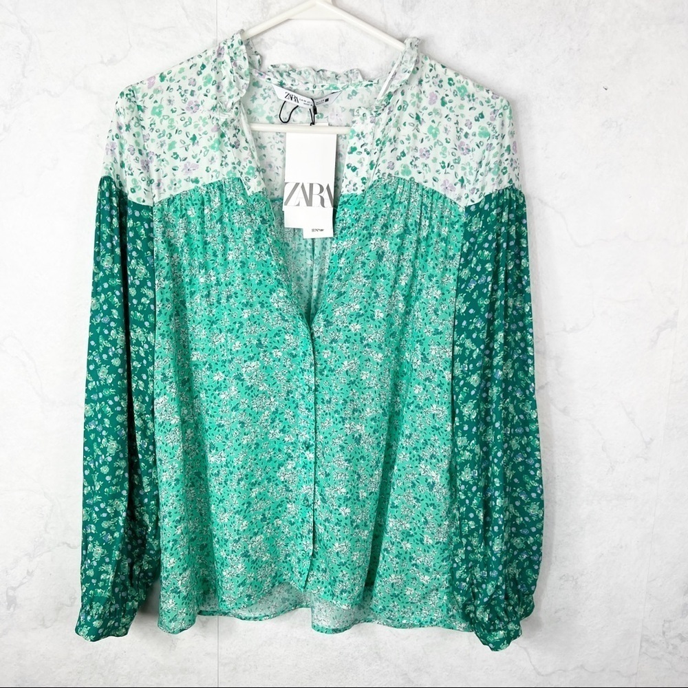 [Zara] Green Floral Print Blouse